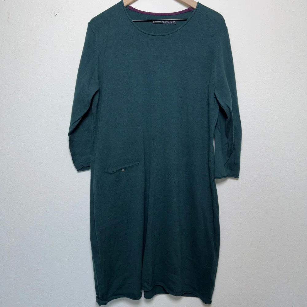 Gudrun Sjoden Women 100% Cotton Knit Dress XL Teal 3/4 Sleeve Pocket Lagenlook